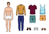 Fototapeta Młodzieżowe - Vector colorful set of fashionable men's outfits isolated from background. Cartoon style guy paper doll with summer clothes