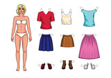 Fototapeta Młodzieżowe - Vector colorful set of fashionable women's outfits isolated from background. Cartoon style girl paper doll with summer clothes