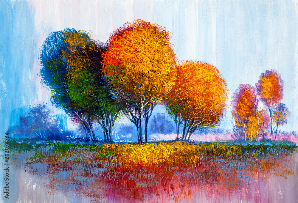 Trees, oil painting, artistic background - obrazy, fototapety, plakaty 
