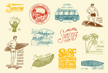 surf badge and wave, palm tree and ocean. tropics and california. man on the surfboard, summer on th
