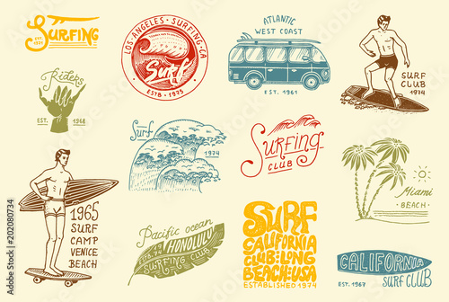 Surf badge and wave, palm tree and ocean Canvas Print