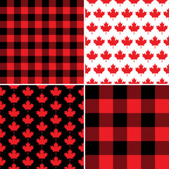 Wall Mural - Canadian Maple Leaf and Buffalo Check Plaid Seamless Vector Pattern Tiles in Red, Black & White. Canada Day July 1st Party Celebration Backgrounds. Northern Lumberjack. Pattern Tile Swatches Included