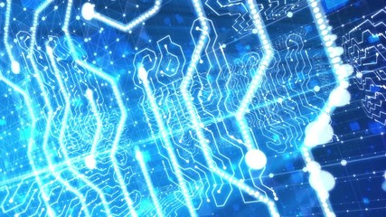 Poster - A volumetric 3d rendering of some small object penetrating inside of a blue circuit board with curvy and straight white devices, square figures, sparkling lines, spots and grids. Loopable. 