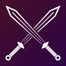 Simple, Flat, Crossed White (silhouette) Swords Illustration. Dark-purple Gradient Background