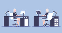 Set Business Woman Sitting At The Table And Working On The Computer In The Office Front And Rear View Vector Flat Illustration. Business Concept Comfortable Workplace