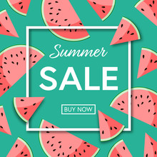 Summer Sale Template Poster Or Banner With Watermelon Fresh Slices On Green Background. Vector Illustration 