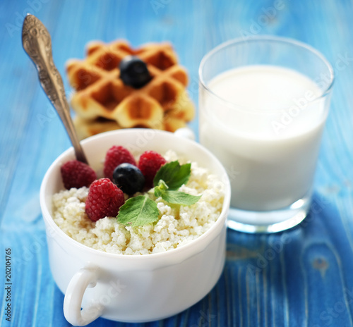 Time For Breakfast Cottage Cheese With Berries Waffles And Milk
