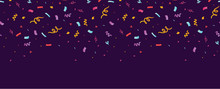 Fun Confetti Purple Horizontal Seamless Border. Great For A Birthday Party Or An Event Celebration Invitation Or Decor. Surface Pattern Design.
