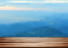 Vector Wood Shelf Table With Blurred Mountain On Clouds Blue Sky Background. Product Display Template Design