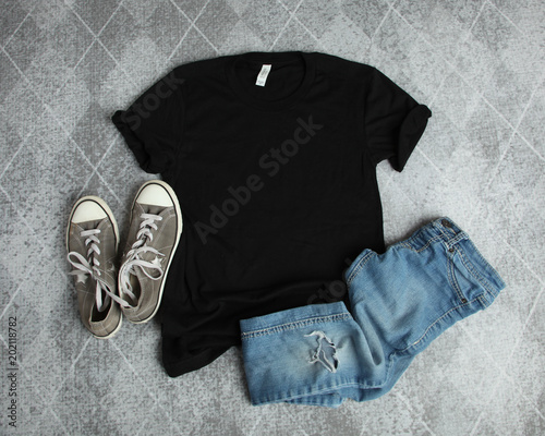 Download Mockup Flat Lay of Black T shirt with gray canvas shoes ...