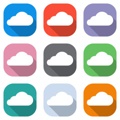 Poster - cloud icon. Set of white icons on colored squares for applications. Seamless and pattern for poster