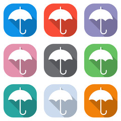 Poster - umbrella icon. Set of white icons on colored squares for applications. Seamless and pattern for poster