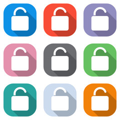 Poster - unlock icon. Set of white icons on colored squares for applications. Seamless and pattern for poster