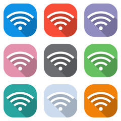 Poster - wi-fi icon. Set of white icons on colored squares for applications. Seamless and pattern for poster