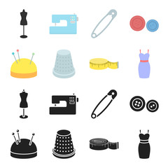 Pincushion with pins, thimble, centimeter, dress.Atelier set collection icons in black,cartoon style vector symbol stock illustration web.