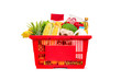 Red shopping basket full of food and groceries