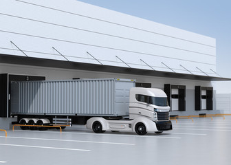 White electric truck parking in front of modern logistics center. 3D rendering image.