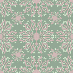  Green floral background. Seamless pattern with flower designs