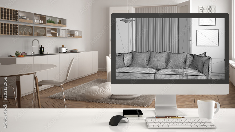 Architect house project concept, desktop computer on white work desk ...