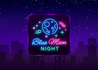 Wall Mural - Blue Moon Night Club Logo in Neon Style. Neon Sign, Light Banner, Night Bright Night Club Advertising. Disco. Design template for invitation party. Vector illustration. Billboard