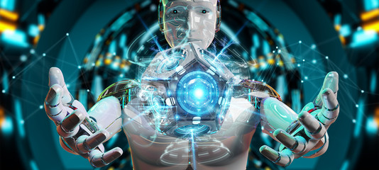 Fototapete - White man humanoid using drone security camera 3D rendering