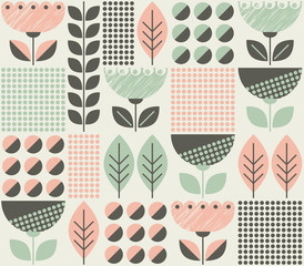 Poster - seamless pattern with flowers and leaves in retro scandinavian style