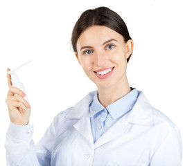 Sticker - Young woman doctor making presentation of a medicine isolated on white background