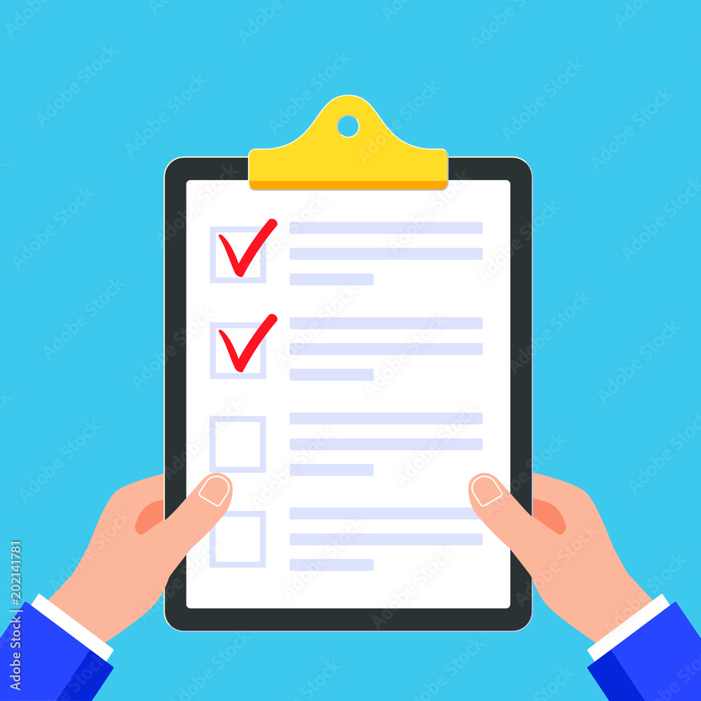 Hands holding clipboard with check list claim form on it, paper sheets ...