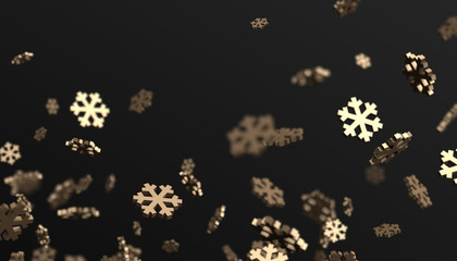Poster - Abstract 3d rendering of flying snowflakes shapes. Winter background with bokeh effect. Design for poster, cover, branding, banner, placard.