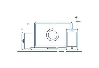 Device Illustration: smart phone, tablet and desktop computer. Vector icons or line draw of responsive web design.