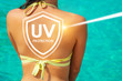 shoulders and back of a woman in a swimsuit on the beach. the concept of protection and prevention of cancer on vacation at the beach. spf, sunscreen from ultraviolet rays