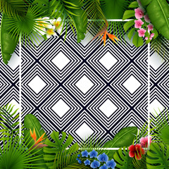 Wall Mural - Tropical leaves and flowers with empty frame square on black and white pattern background