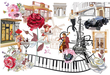 Set of Paris illustrations with fashion girls, cafes and musicians. Vector illustration.