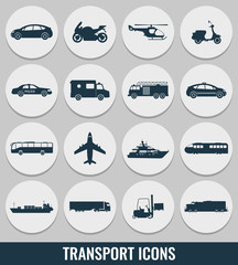 Wall Mural - Transportation icons set. City cars and vehicles transport. Car, ship, airplane, train, motorcycle, helicopter. Silhouettes. Vector