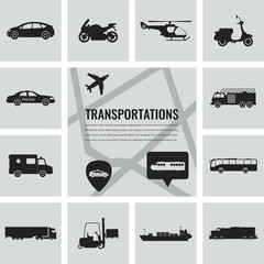 Wall Mural - Transportation icons set. City cars and vehicles transport. Car, ship, airplane, train, motorcycle, helicopter. Silhouettes. Vector