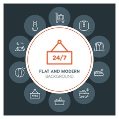 clothes, shopping, travel Infographic Circle outline Icons Set. Contains such Icons as  business,  website,  elements,  background,  pattern,  illustration and more. Fully Editable. Pixel Perfect