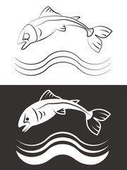 Wall Mural - Silhouette and line fish with waves