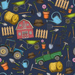 Seamless pattern of farming equipment icons. Farming tools and agricultural machines decoration, sketch illustration. Vector