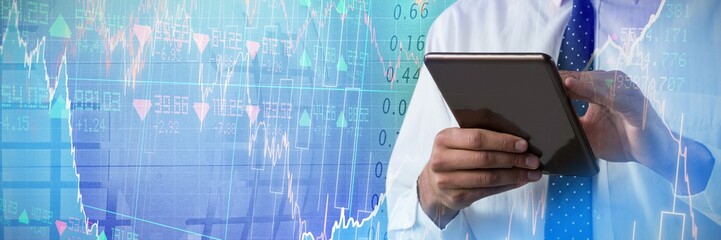 Poster - Composite image of upper mid-section of man using a tablet