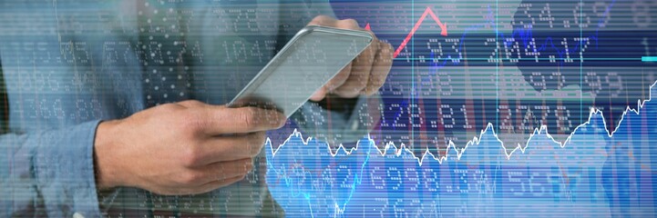 Poster - Composite image of mid-section of business man using smartphone