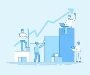 Poster - Vector illustration in flat linear style and blue color  - business analytics and marketing concept