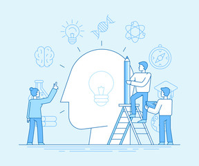 Poster - Vector flat linear illustration in blue colors - team working and education concept