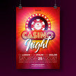 Vector Casino night flyer illustration with gambling design elements and shiny neon light lettering on red background. Luxury invitation poster template.