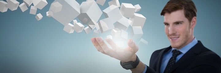 Poster - Composite image of close-up of businessman presenting object