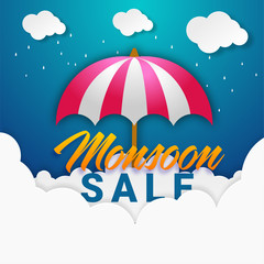 Canvas Print - Monsoon Sale Concept with paper cloud, and umbrella on blue sky background.