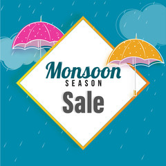 Sticker - Monsoon Sale concept with umbrellas on rain drops background.