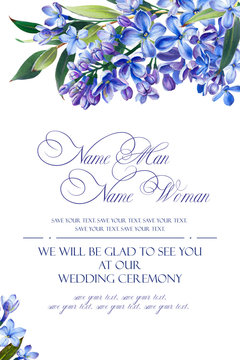 Template for congratulations or invitations to the wedding in blue colors. Illustration by markers, beautiful composition of lilac and leaves. Imitation of watercolor drawing.