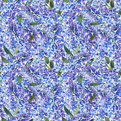 Wall Mural - Seamless pattern, blooming blue lilac and green foliage. Illustration by markers, beautiful floral composition on a white background. Imitation of watercolor drawing.