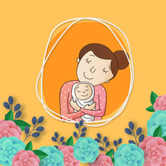 Poster - Silhouette of a mother with her child, colorful floral decorated frame design. Happy Mothers Day celebration concept.