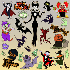 Cartoon halloween illustration set of diverse evil bizarre creatures and characters, vampires, zombies, monsters, imps, evil mascots